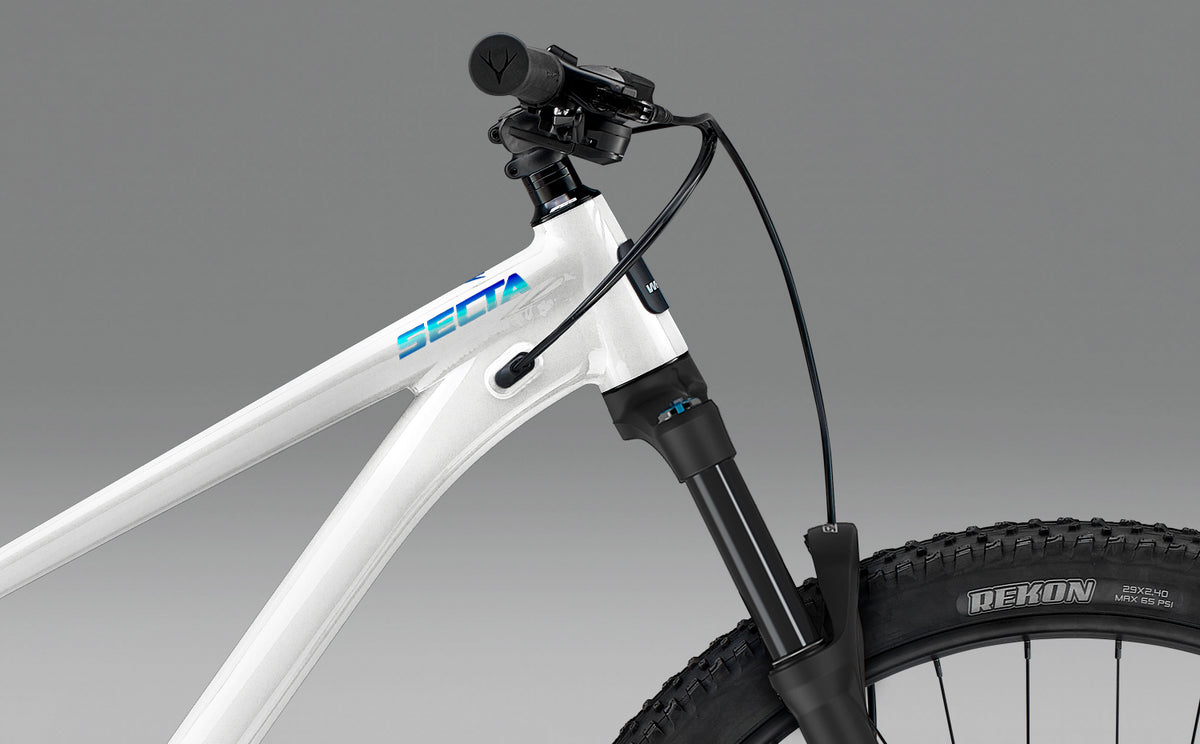 Whyte Secta R, Electric white, detail hlavové trubky a vidlice