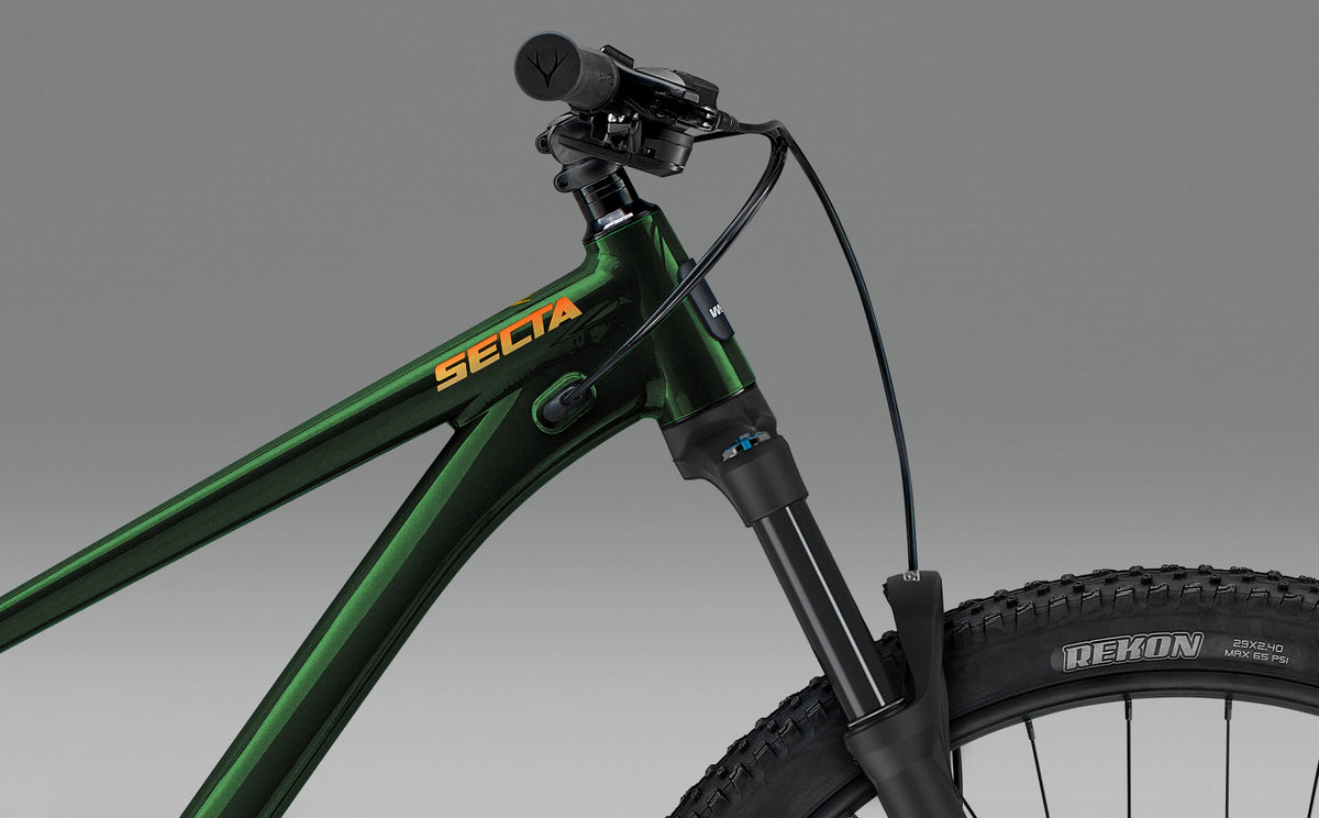 Whyte Secta R, Forest green, detail hlavové trubky a vidlice